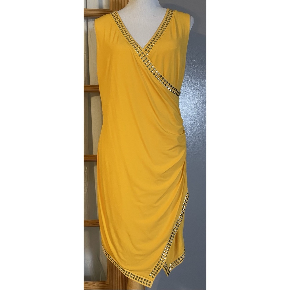 Thalia Sodi Studded Faux Wrap Dress L Yellow Gold Side Ruched  Slanted Hem Party